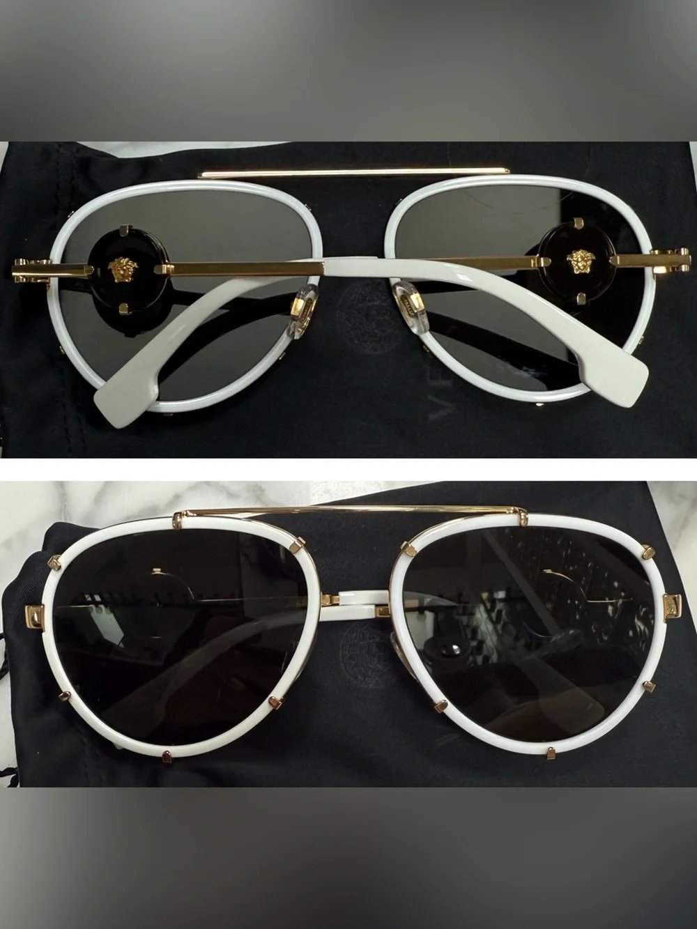 Versace White/Gold Metal Aviator pilot Sunglasses with dramatic logo on temples